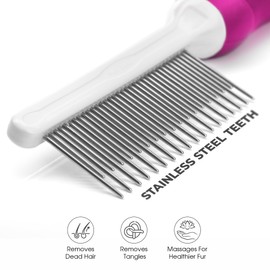 Poodle Pet Detangling Pet Comb with Long & Short Stainless Steel Teeth for Removing Matted Fur, Knots & Tangles – Detangler Tool Accessories for Safe & Gentle DIY Dog & Cat Grooming (Pink)