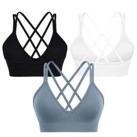 VQEKING Women Sports Bra Cross Back Yoga Bras Deep V Neck with Low Suppor tSeamless Padded Bra for Wortout Fitness 3 Pack Blue
