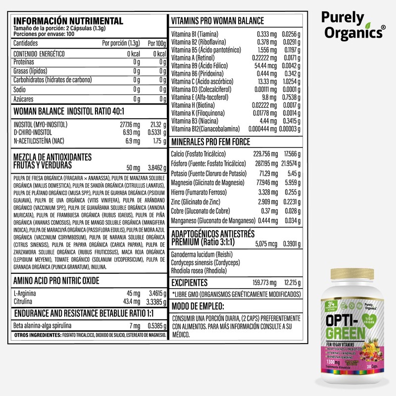 Opti-Green FemVegan Vitamins 200 Caps. Adaptogenos, Prebióticos, Vitaminas y Minerales
