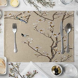 Daesar Dining Room Placemats Set of 4, Dining Table Mats Cotton Linen Flower Branches and Birds White Grey Kitchen Placemats Modern 16x12 Inch