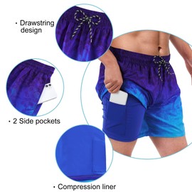 Dancinova Men's Swimming Trunks with Compression Swimming Trunks 2 in 1 Quick-Drying Print with Inner Shorts Surfing Beach Shorts M-XXL, Palm leaf