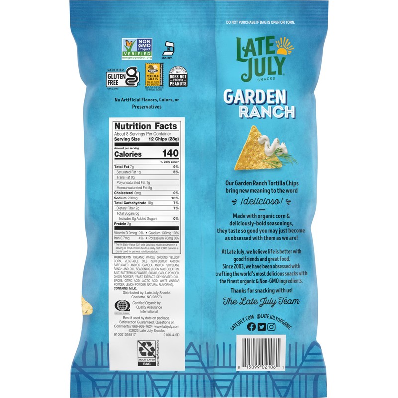 Late July Snacks, Garden Ranch Tortilla Chips, 7.8-oz. Bag