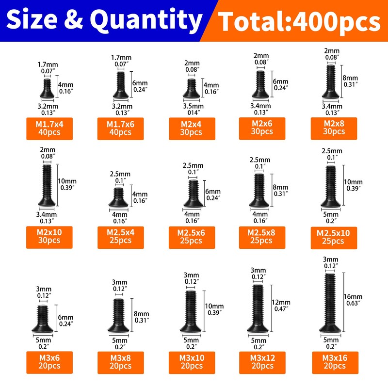 NexSync 400-Piece Mini Flathead Phillips Microscrews Kit - M1.7/M2/M2.5/M3 Steel