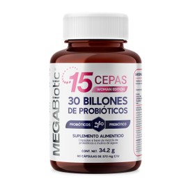 MegaBiotic Probióticos para Mujer 30 Billones 15 Cepas Adicionado con Inulina de Agave + Fibra Dietética | Suplemento con Prebióticos con L. Reuteri, 