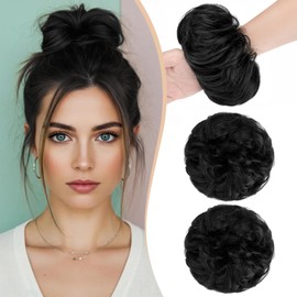Qunlinta 2 PCS Large Messy Bun Hair Piece, Thick Wavy Curly Hair Bun Scrunchies Extensions Synthetic Chignon Updo Hairpieces for Women Girls Dark Black