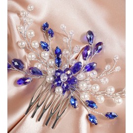 Xerling Peine para el pelo de novia con diamantes de imitación, accesorios para el cabello de novia, vintage, perlas y cristales para mujer (azul)