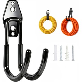 Soporte de manguera de jardín de metal, resistente para montaje en pared con tornillos, 1 paquete de ganchos de manguera para exteriores, adecuado para jardín, cochera y patio (negro)