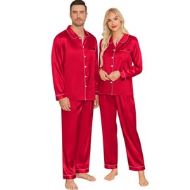 SWOMOG Couples Pajamas Sets Silk Satin Long Sleeve Sleepwear Button Down Loungewear Pjs Set Classic Pajama S-XXL Women and Men Red XX-Large