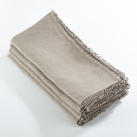 Fennco Styles Pomponin Collection Pom Pom Design 100% Linen Cloth Napkins 20" W x 20" L, Set of 4 - Natural Dinner Napkins for Everyday Use, Holidays, Banquets, Family Gatherings and Special Occasions