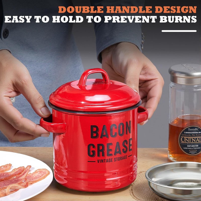 ONEARF Bacon Grease Container with Strainer - Large 46OZ Red