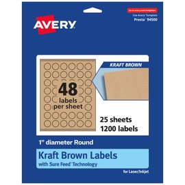 Avery Kraft Brown Round Labels with Sure Feed, 1" Diameter, 1,200 Kraft Brown Labels, Print-to-The-Edge, Laser/Inkjet Printable Labels