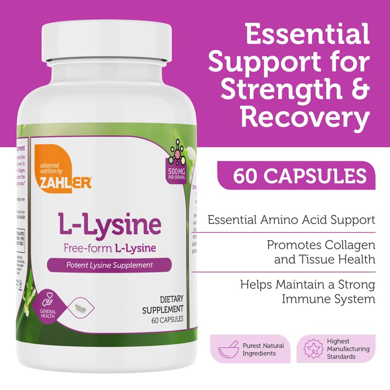 Zahler L-Lysine 500mg, Freeform L-Lysine Supplement, Kosher 60 Capsules