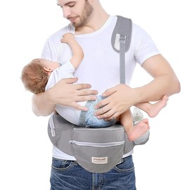 Baby Hip Carrier with Foldable Seat 180゜ Up-Down for Infant,Adjustable Straps Also as Waistband Extender,Huge Pockets,Ergonomic Waist Stool for Newborn to Toddlers Gift All-Seasons (Grey)