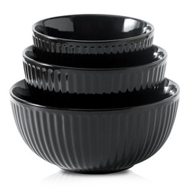 Hasense Porcelain Mixing Bowls of 3, Large Ribbed Black Bowls 1.5/1/0.5 Qt For Kitchen, Cooking, Baking and Serving Prep Bowls for Salad, Pasta, Modern Kitchen Dish Dishwasher & Microwave Safe