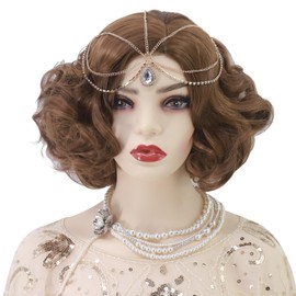 Cfalaicos Brown Short 1920s Wig for Women 20s Wave Wigs with Headband Curly Vintage Lady Hair Wig for Halloween Cosplay Costume Party Daily Wear