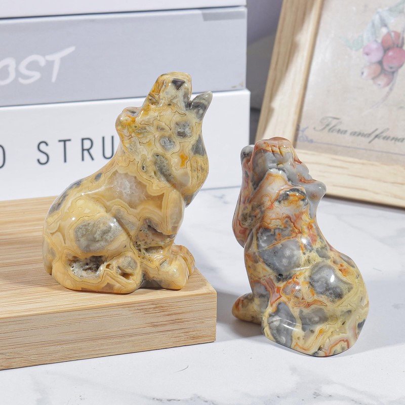 Loveliome Natural Crazy Agate Wolf Crystal Figurine, Hand Carved Stone