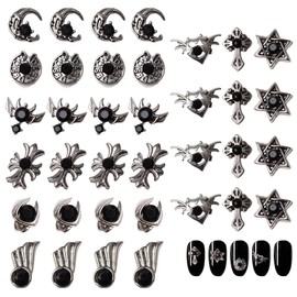 DEFGNOP 36 Pieces Charms Nails, DIY Accessories Nail Design, Vintage Nail Crochet Alloy Metal Jewellery, Hexagram Cross, Black Nail