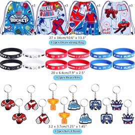 LSJDEER 36 PCS Hockey Party Favors Set Include 12 Drawstring Bag, 12 Silicone Bracelet, 12 Motivational Keychain for Ice Hockey Sports Party Birthday Gift Supplies