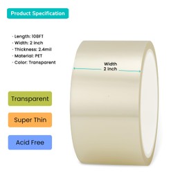 SICCOMA Clear Book Repair Tape for Torn Pages 2 Inch x 108 Feet Archival Safe Thin Clear Bookbinding Tape for Books, Scrapbooking and Documents, Transparent, Thin Thickness, No Residue