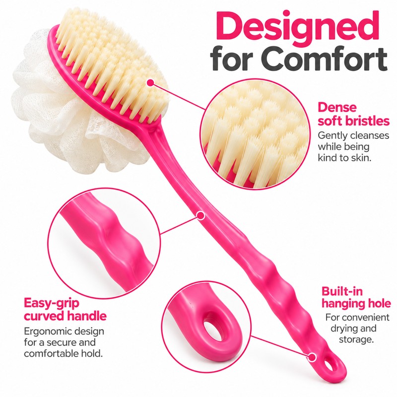 2-in-1 Long Handle Bath Brush with Soft Loofah & Bristles,