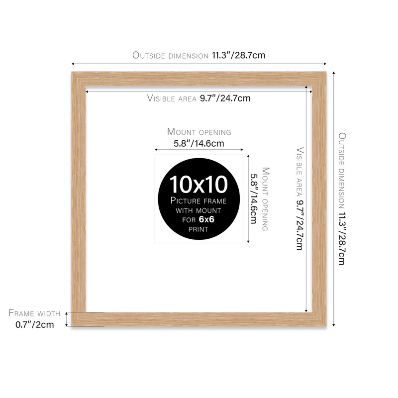10x10" Square Picture Frame, Display Pictures 6x6" With Mat or