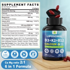 6-in-1 Liposomal Vitamin D3 K2 Calcium Supplement - Plant Based Calcium 600mg with Vegan Vitamin D3 5000 iu + Vitamin K K2 MK7 + B12, Algae Ca-lcium Magnesium Zinc for Bone, Softgels, 2 Pack