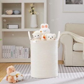 VIPOSCO Tall Laundry Basket, Large Dirty Clothes Hamper with Leather Handle, Woven Rope Storage Basket for Blanket, Toy In Living Room, Bathroom, Bedroom - 100L White