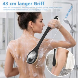 Back Scrubber for Shower with Natural Boar Bristles, 17 Inch Long Handle Shower Body Brush, Exfoliating Bath Brush for Back, Legs & Hard-to-Reach Areas, Non-Slip Grip, Adhesive Hook (Black)