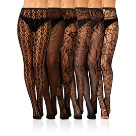 Fourluoo 6 Pairs Women Fishnet Stocking Black Floral Tight Legging Thigh High Stockings Lace Patterned Small Hole Waist Lace(S-M)
