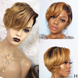 BLISSHAIR Ombre Short Bob Pixie Cut Wig, OT1B/30 Brazilian Lace Front Curly Human Hair Wigs for Black Women 13x4x1 T-Part Lace Frontal Wigs with Baby Hair(#OT1B/30)