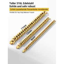 Prosteel men's bracelet, stainless steel, 18 carat gold-plated, black, curb chain bracelet for men, boys, heavy links, link chain bracelet, 19/21/23 cm, hip hop, rapper fashion jewellery 8 mm / 12 mm / 19.5 mm / 17 mm, Gold Plated