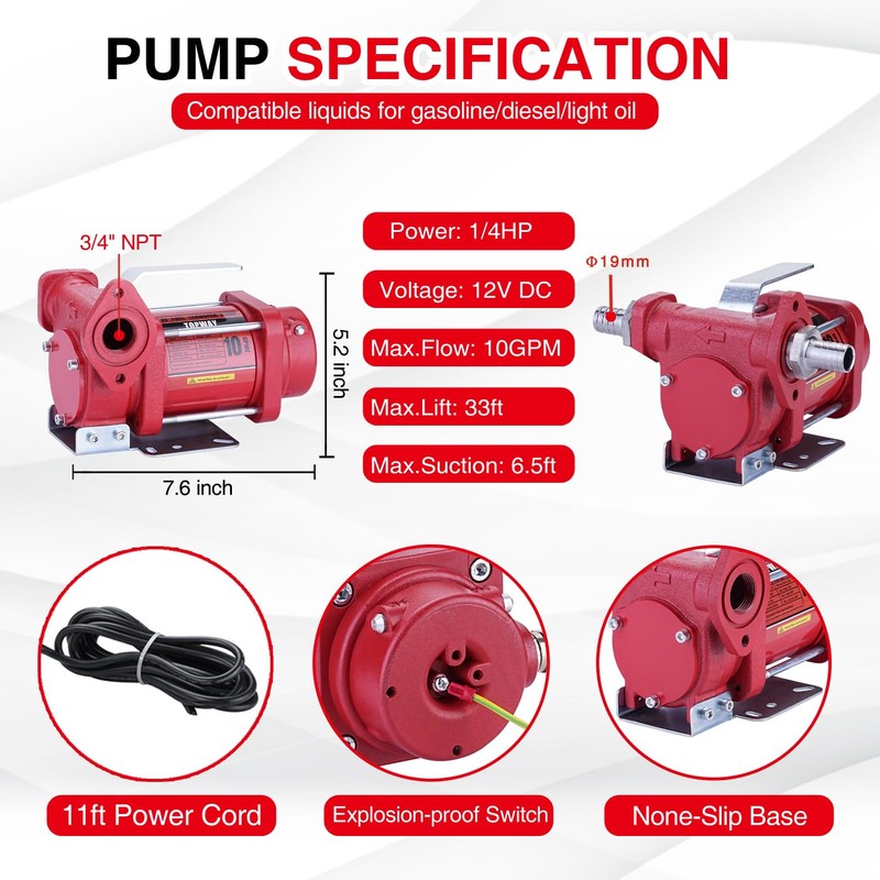 TOPWAY 12V DC Gasoline Fuel Pump 10GPM Self-priming Oil Transfer