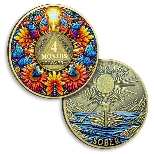 4 Months Sobriety Coin Four Months Flower Sobriety Coins Butterfly