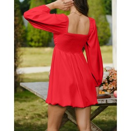 HYPERFIRE Women's Square Neck Long Sleeve Bubble Mini Dress Pleated Smocked A Line Wedding Dresses Red Small