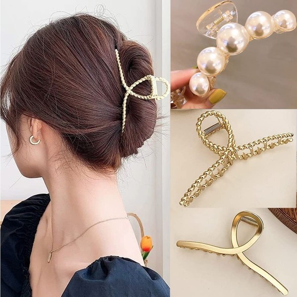 Set of 3 Hair Clips, Banana Clips, Pearl Hairpins, Hair Accessories, Hair Ornaments, Clips, Large, Hairpins, Hair Arrangement Accents, Korean Style, Simple, Stylish, Gift, Office Women