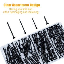 KURUI Drywall Screws Assortment Kit, #6 Black Wood Screws for Sheetrock,165pcs Picture Hanging Kit for Frame Painting Art Photo, Phillips Coarse Dry Wall Screw 4 Sizes 1",1-1/4",1-5/8",2"