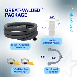 BlueStars [UPGRADED] 10 Feet Universal Dishwasher & Washing Machine Drain Hose – Flexible Corrugated Extension Kit with 1 Extension Adapter, 2 Clamps, 1 U-Bend Hose Holder