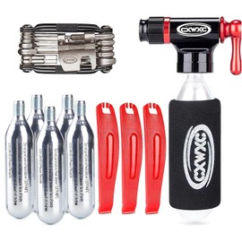CO2 Inflator Kit with 5 X 16g CO2 Threaded Cartridges- Presta & Schrader Valve Compatible -Portable CO2 Bike Tire Pump Come with Bike Multi Tool for Road & Mountain Bike (Style:B)