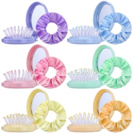 Meanplan 12 Pcs Folding Brush with Mirror and Scrunchies Portable Colorful Travel Pocket Hairbrush and Cute Hair Scrunchies Round Hair Massage Comb Gifts for Women.