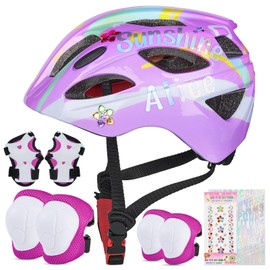 EllaSeek Kids Bike Helmet Toddler Helmet Knee Pads Elbow Pads Wrist Guard Adjustable Protective Gear Set with DIY Stickers for Girls 3-8 Years Cycling Scooter Skateboard Skating Helmet