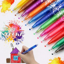 Scettar 12 Colours 0.5 mm Erasable Ballpoint Pen with 2 Erasers, Colourful Erasable Gel Pen, Rollerball Pen Erasable, Erasable Gel Pens for School Supplies, Office Supplies, Students (a)