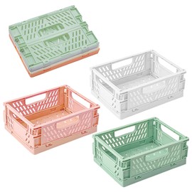 WSAMJIN 3 Pack Pastel Crates Desk Organizers, Mini Plastic Baskets for Office Organization, Collapsible Crate Stacking Folding Storage Baskets for Home Kitchen Bedroom Bathroom Office - 9×15×20cm