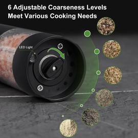 BCTILOP Electric Salt and Pepper Grinder Set, USB Rechargeable Automatic Salt and Pepper Mills with 6 Level Adjustable Coarseness, Upgraded Larger Capacity with LED Light (Black Set)