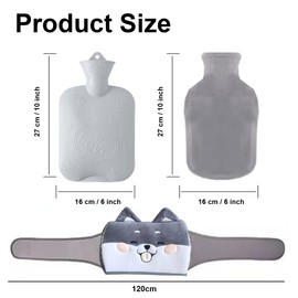 Hot Water Bottle Belt, Hot Water Bottle with Soft Plush Rubber Cover with Soft Waist Cover, Hot Water Bottle Belt for Neck, Shoulder, Back and Legs (Grey Puppies)