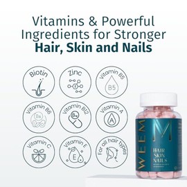 WEEM Hair Skin and Nails Gummies - Supports Healthy Hair - Vegan biotin Vitamins for Women & Men Supports Faster Hair Growth, Stronger Nails, Healthy 