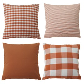HOPLEE Orange Farmhouse Fall Pillow Covers 16x16 Decorative Throw Pillow Cover Cushion Cover with Buffalo Plaid, Solid Orange, Striped and Gingham Plaid Design 16x16 inches,4 Pack