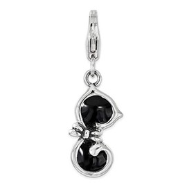 The Men's Jewelry Store (for HER) 3D Black Enameled Sterling Silver Cat Charm Pendant with Lobster Clasp