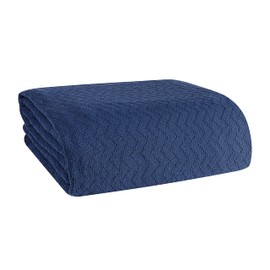 BELIZZI HOME 100% Cotton Bed Blanket, Breathable Thermal Blanket Full - Queen Size, Soft Chevron 90 inch x90 , Perfect for Layering Any All Season, Navy Blue