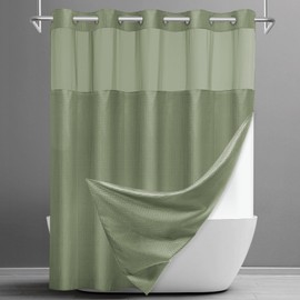 SORTTO No Hook Shower Curtain with Snap in Liner Set Waffle Shower Curtain for Bathroom Hotel Style Fabric Waterproof Inner Liner，71" W x 74" H, Green