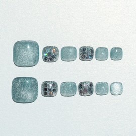 Sun&Beam Nails Handmade Nail Tip, Short, For Foot, Blue, False Nails, Stone, Glitter, Hand-painted Design, Stylish, False Nails, Pack of 12 (#227 M)